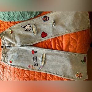 Brand new wide leg boyfriend fit denim . patches added by myself .